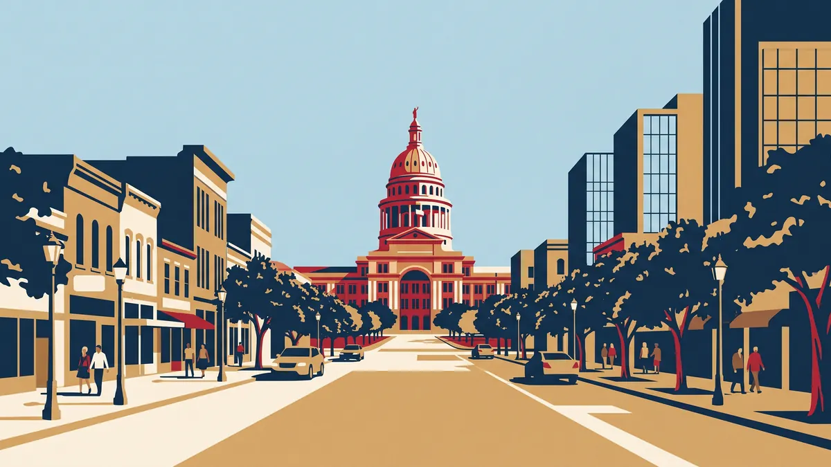 Illustration of Congress Avenue in downtown Austin leading to the Texas State Capitol