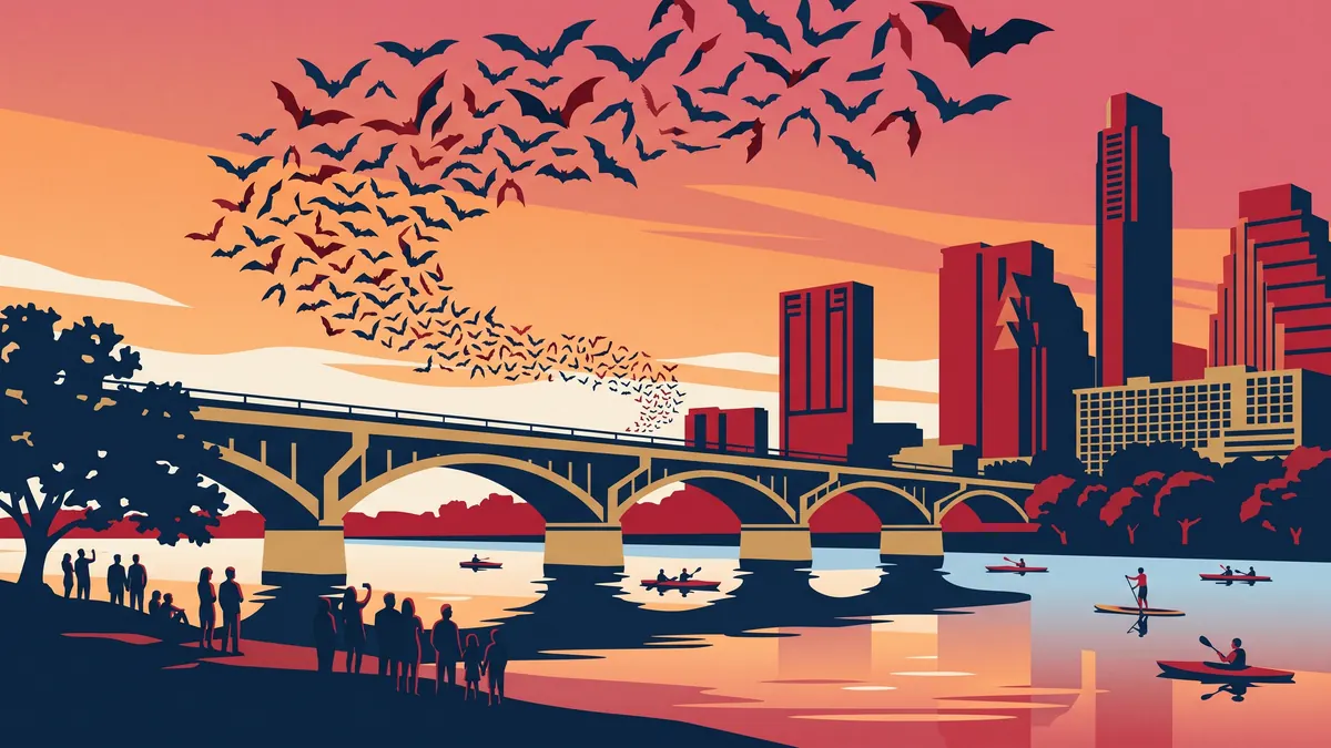 Illustration of bats flying over the Congress Avenue Bridge and Lady Bird Lake at dusk