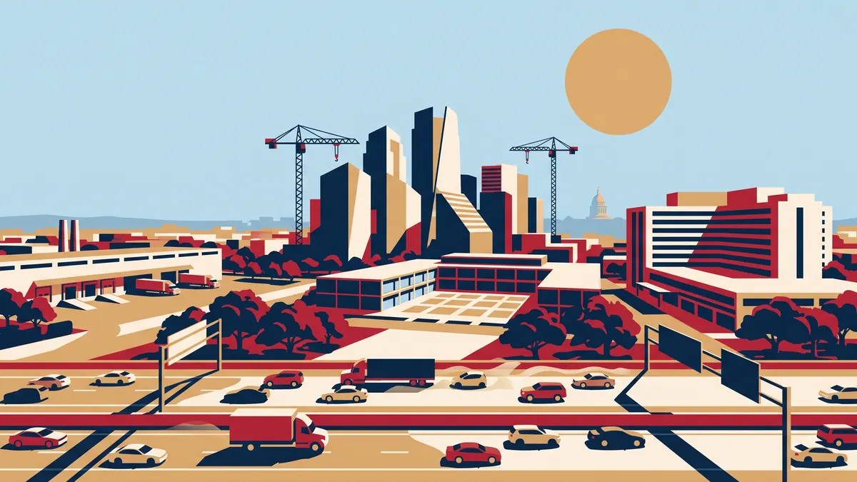 Illustration of new office towers, construction cranes, a hospital, and a factory along a highway in Austin on a hot day
