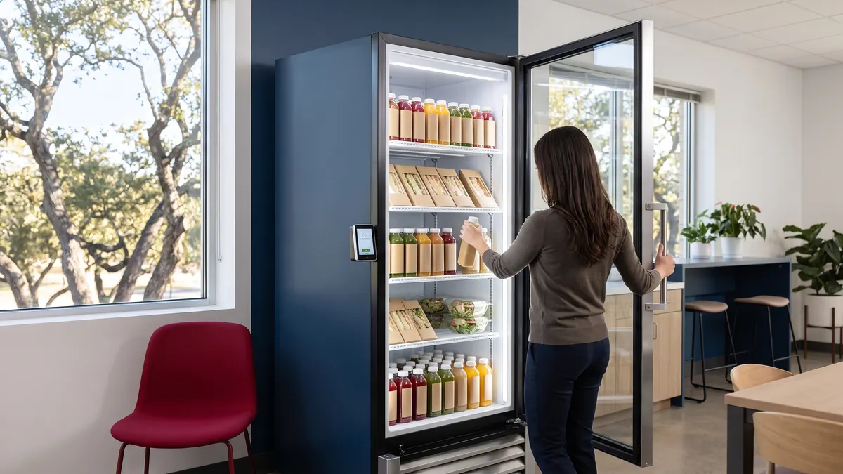 An employee taking a cold drink from an open AI smart cooler in an office break room