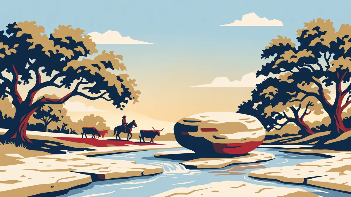 Illustration of the round rock in Brushy Creek at Chisholm Trail Crossing, the landmark Round Rock is named for