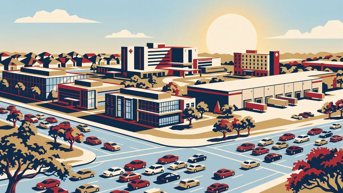 Illustration of offices, a hospital, a warehouse, and a hotel along a Central Texas highway on a hot summer day